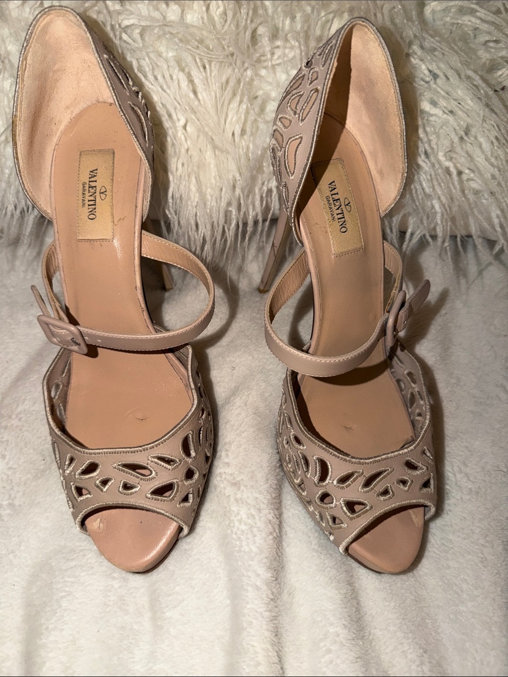Valentino Garavani Blush Nude Laser-Cut Peep-Toe Heels with Ankle Strap - Picture 5 of 5